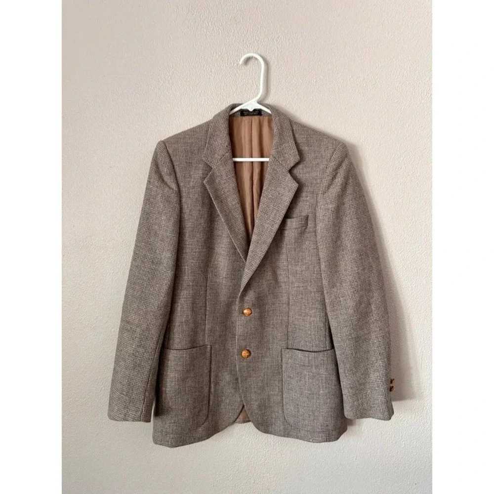 Harrocks Tweed Mens 40 Brown Houndstooth Wool Blazer Sport Coat Academia Preppy